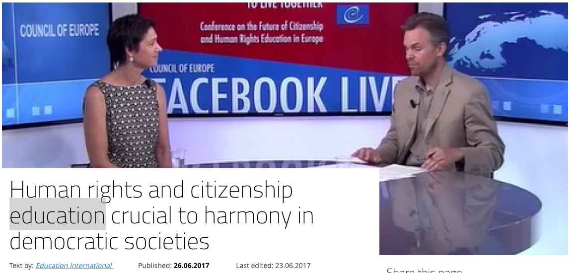 A screenshot of a news report titled "Human rights and citizenship education crucial to harmony in democratic societies"