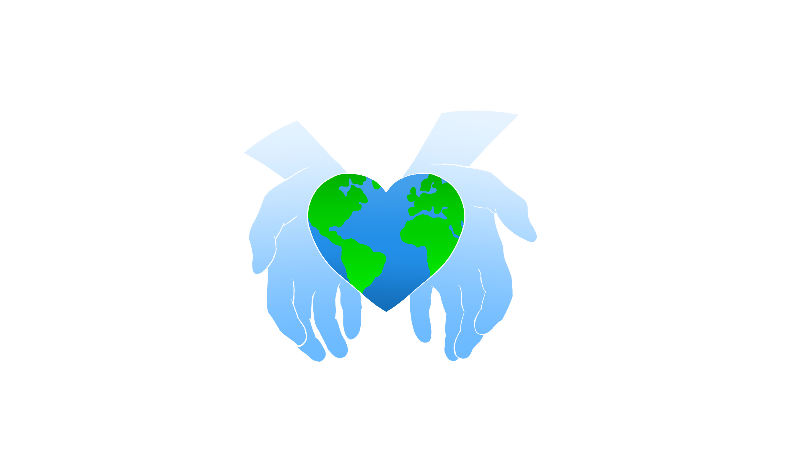 Two hands hold an earth in the shape of a heart